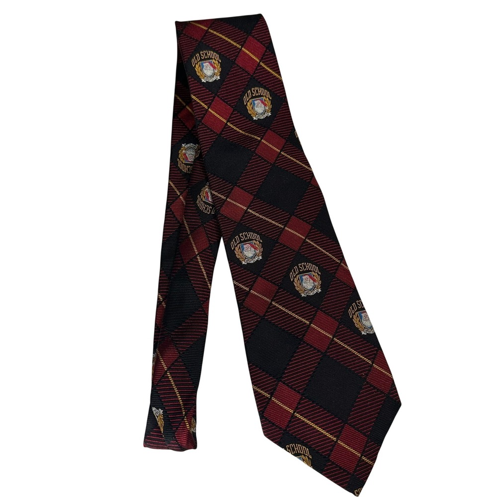 Harolds Mens Vintage Red Black Plaid Old School Varsity Crest Silk Tie USA Made